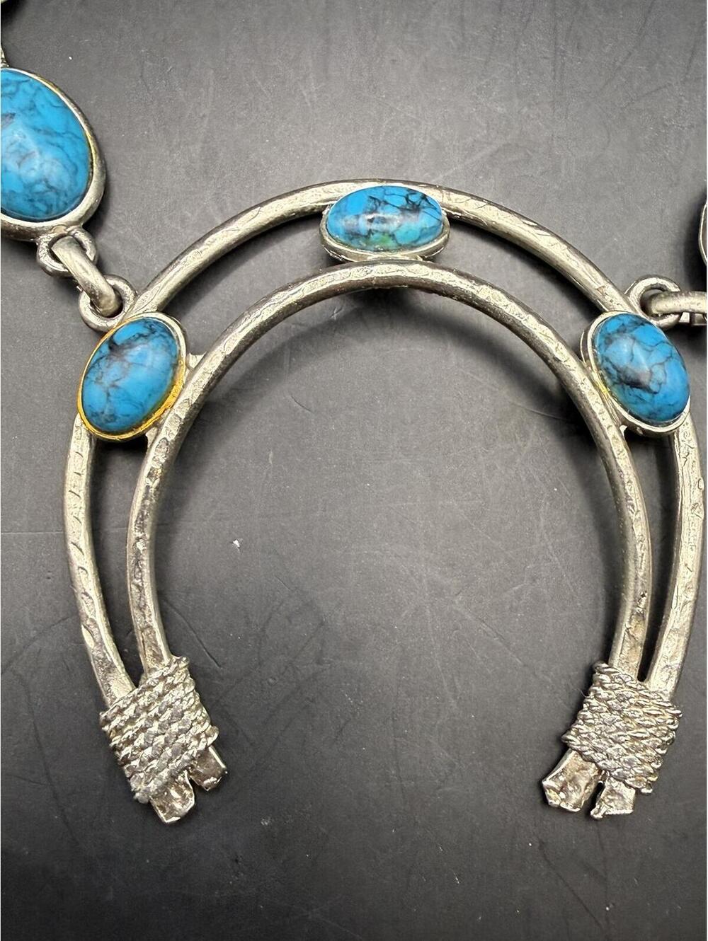 Vintage Costume Turquoise Squash Blossom Necklace - Silver Tone Naja Pendant - Picture 6 of 8